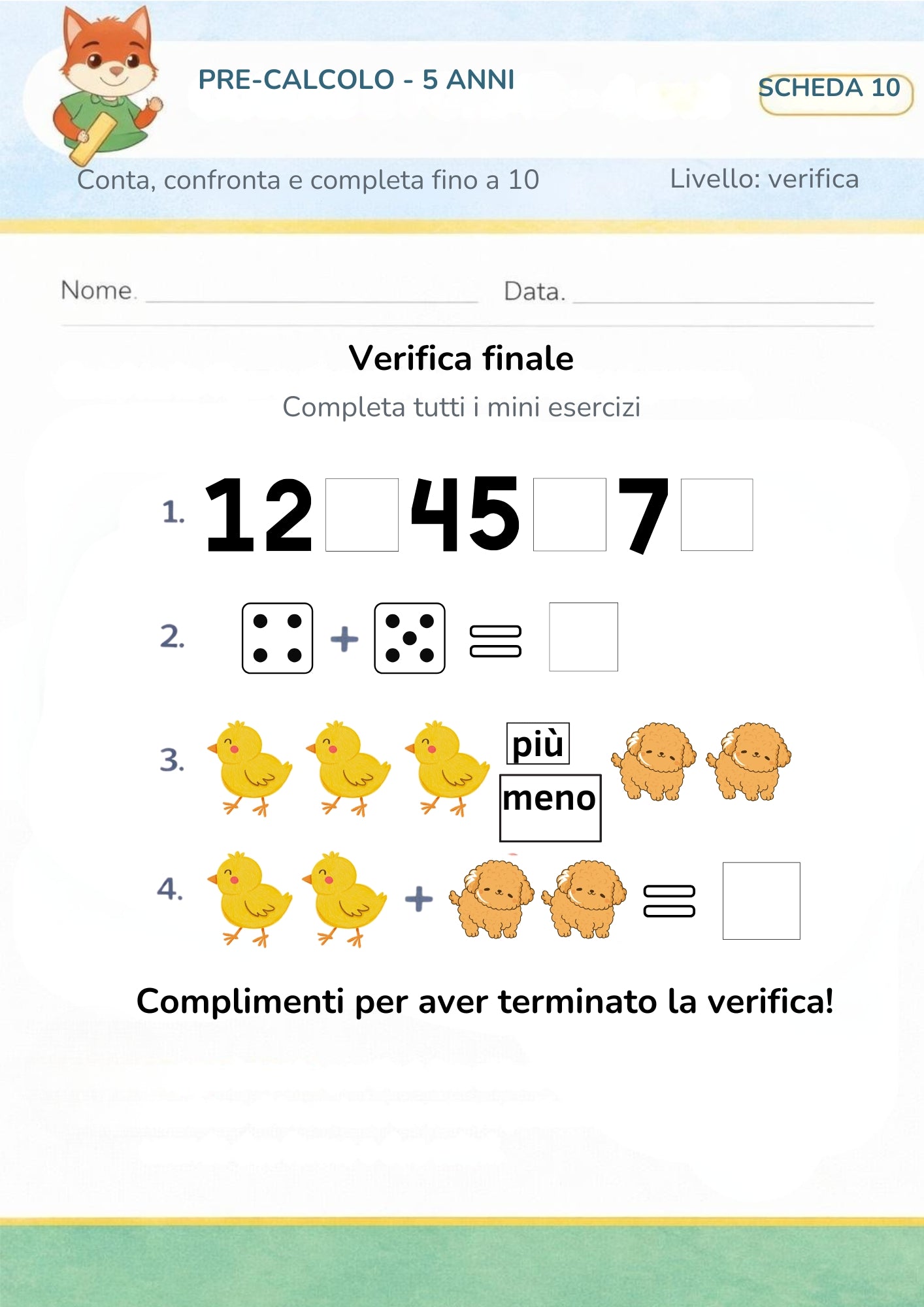 Pre-calcolo 5 anni – Conta, confronta e completa fino a 10