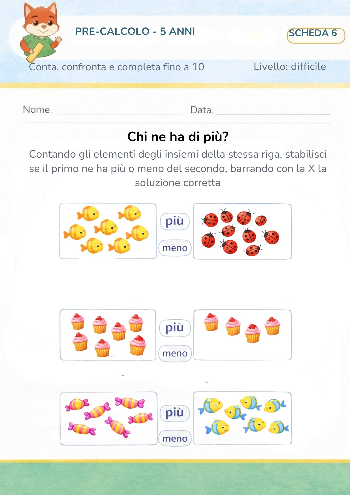 Pre-calcolo 5 anni – Conta, confronta e completa fino a 10